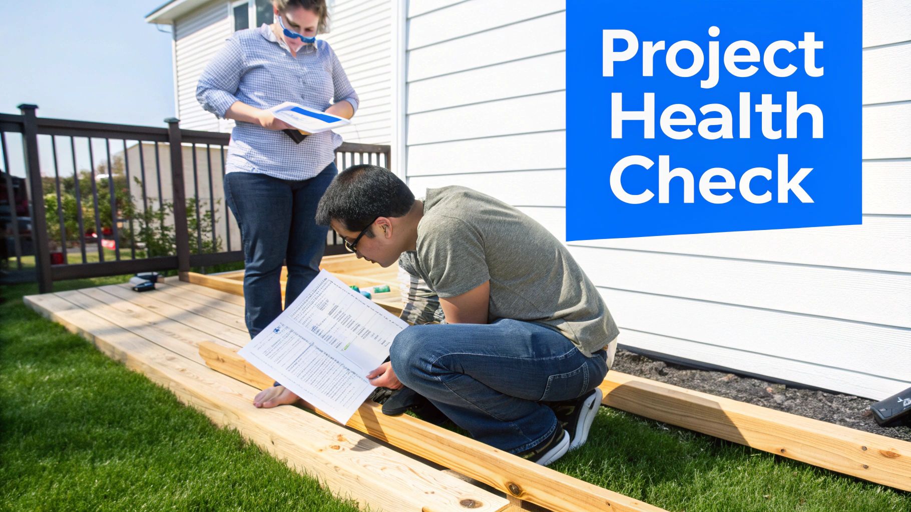 Two people reviewing construction plans for a home improvement project or deck building in a backyard.